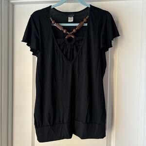 JKLA California Wooden Bead Black Top Embellished Neckline Vintage Size XL EUC